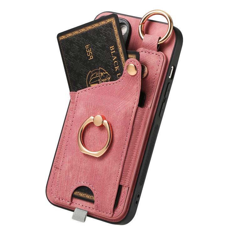 For iPhone 16e Retro Skin-feel Ring Card Bag Phone Case with Hang Loop(Pink) - iPhone 16e Cases by buy2fix | Online Shopping UK | buy2fix