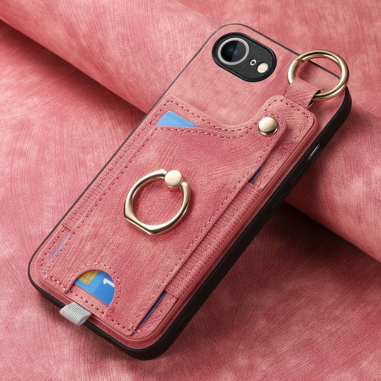 For iPhone 16e Retro Skin-feel Ring Card Bag Phone Case with Hang Loop(Pink) - iPhone 16e Cases by buy2fix | Online Shopping UK | buy2fix