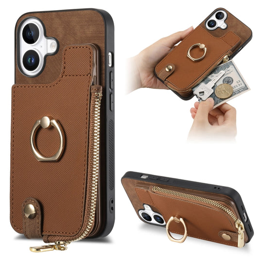 For iPhone 16 Plus Cross Leather Ring Vertical Zipper Wallet Back Phone Case(Brown) - iPhone 16 Plus Cases by buy2fix | Online Shopping UK | buy2fix