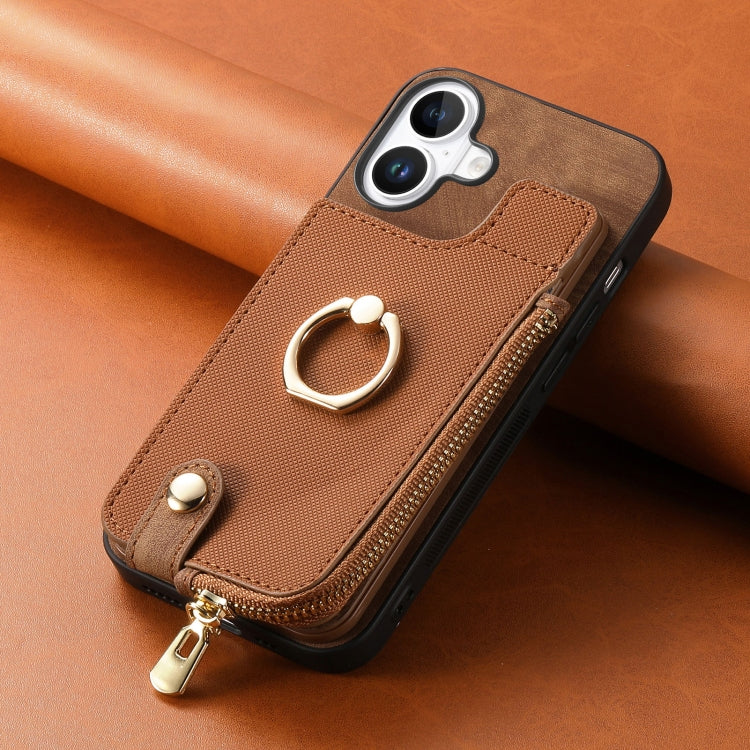 For iPhone 16 Plus Cross Leather Ring Vertical Zipper Wallet Back Phone Case(Brown) - iPhone 16 Plus Cases by buy2fix | Online Shopping UK | buy2fix