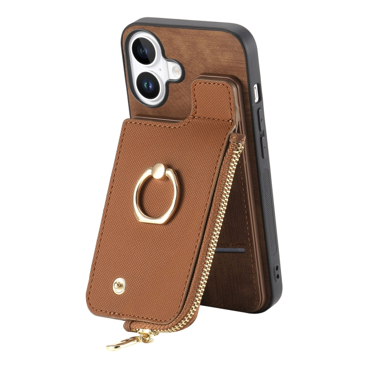 For iPhone 16 Plus Cross Leather Ring Vertical Zipper Wallet Back Phone Case(Brown) - iPhone 16 Plus Cases by buy2fix | Online Shopping UK | buy2fix