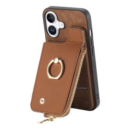 For iPhone 16 Plus Cross Leather Ring Vertical Zipper Wallet Back Phone Case(Brown) - iPhone 16 Plus Cases by buy2fix | Online Shopping UK | buy2fix