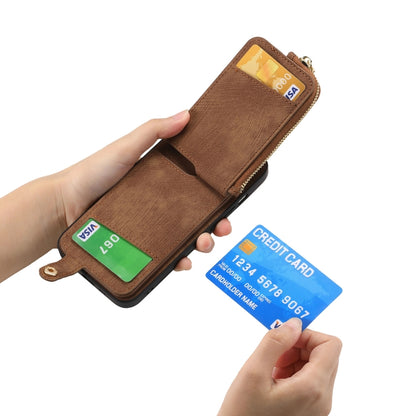For iPhone 16 Plus Cross Leather Ring Vertical Zipper Wallet Back Phone Case(Brown) - iPhone 16 Plus Cases by buy2fix | Online Shopping UK | buy2fix