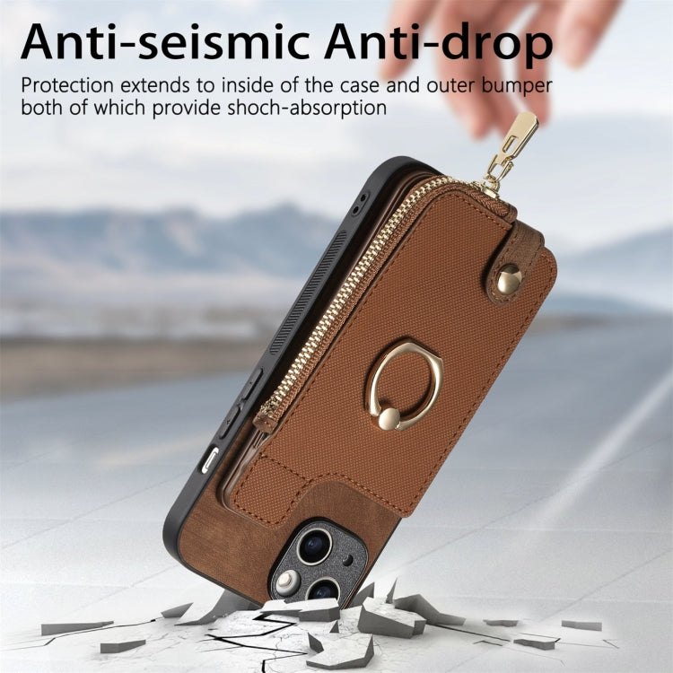 For iPhone 16 Plus Cross Leather Ring Vertical Zipper Wallet Back Phone Case(Brown) - iPhone 16 Plus Cases by buy2fix | Online Shopping UK | buy2fix
