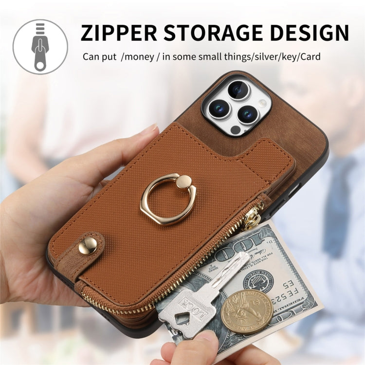 For iPhone 16 Plus Cross Leather Ring Vertical Zipper Wallet Back Phone Case(Brown) - iPhone 16 Plus Cases by buy2fix | Online Shopping UK | buy2fix