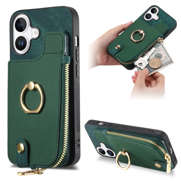 For iPhone 16 Plus Cross Leather Ring Vertical Zipper Wallet Back Phone Case(Green) - iPhone 16 Plus Cases by buy2fix | Online Shopping UK | buy2fix