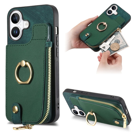 For iPhone 16 Plus Cross Leather Ring Vertical Zipper Wallet Back Phone Case(Green) - iPhone 16 Plus Cases by buy2fix | Online Shopping UK | buy2fix