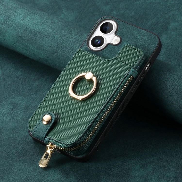 For iPhone 16 Plus Cross Leather Ring Vertical Zipper Wallet Back Phone Case(Green) - iPhone 16 Plus Cases by buy2fix | Online Shopping UK | buy2fix