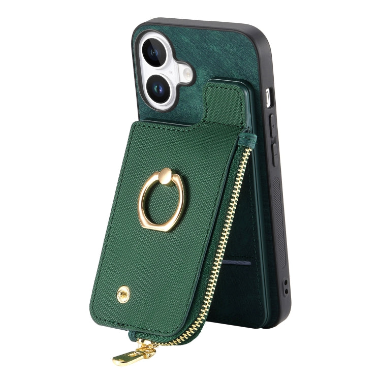 For iPhone 16 Plus Cross Leather Ring Vertical Zipper Wallet Back Phone Case(Green) - iPhone 16 Plus Cases by buy2fix | Online Shopping UK | buy2fix