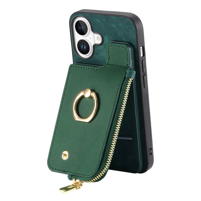 For iPhone 16 Plus Cross Leather Ring Vertical Zipper Wallet Back Phone Case(Green) - iPhone 16 Plus Cases by buy2fix | Online Shopping UK | buy2fix