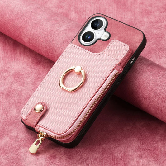 For iPhone 16 Plus Cross Leather Ring Vertical Zipper Wallet Back Phone Case(Pink) by buy2fix