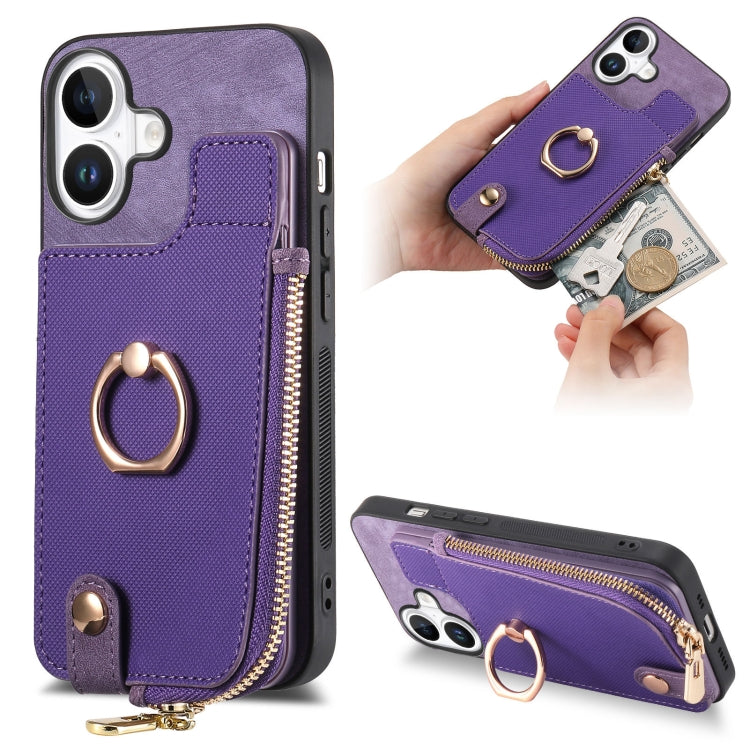 For iPhone 16 Plus Cross Leather Ring Vertical Zipper Wallet Back Phone Case(Purple) - iPhone 16 Plus Cases by buy2fix | Online Shopping UK | buy2fix