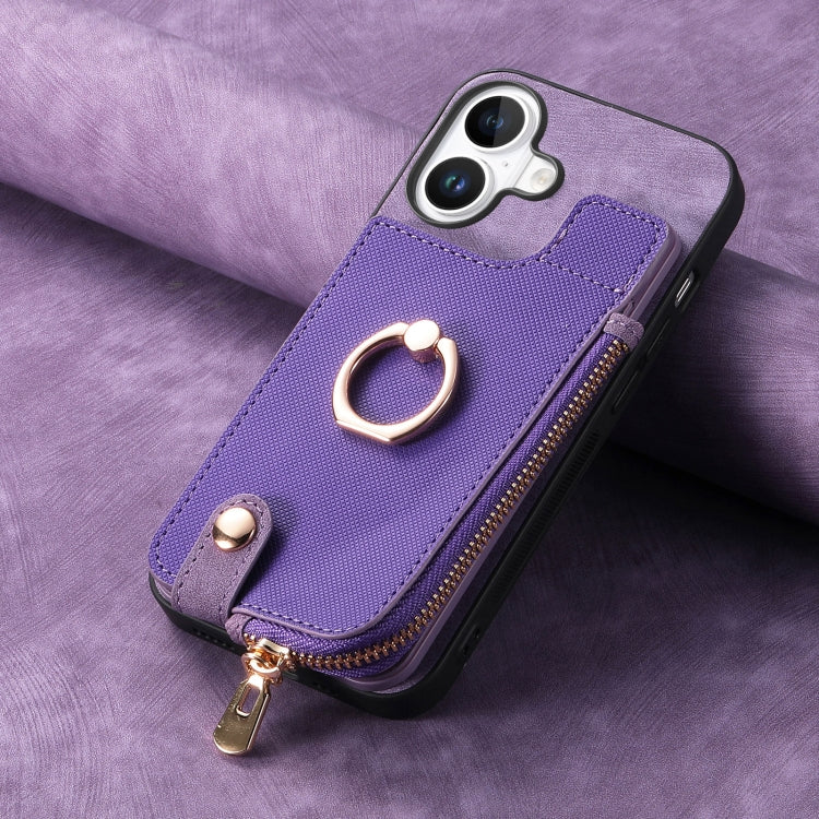 For iPhone 16 Plus Cross Leather Ring Vertical Zipper Wallet Back Phone Case(Purple) - iPhone 16 Plus Cases by buy2fix | Online Shopping UK | buy2fix