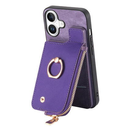 For iPhone 16 Plus Cross Leather Ring Vertical Zipper Wallet Back Phone Case(Purple) - iPhone 16 Plus Cases by buy2fix | Online Shopping UK | buy2fix