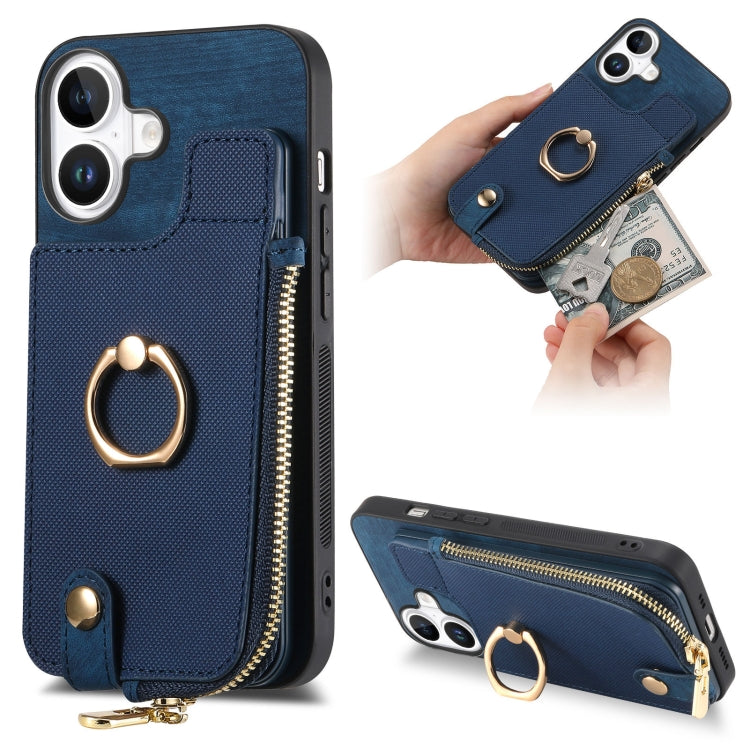 For iPhone 16 Plus Cross Leather Ring Vertical Zipper Wallet Back Phone Case(Blue) - iPhone 16 Plus Cases by buy2fix | Online Shopping UK | buy2fix