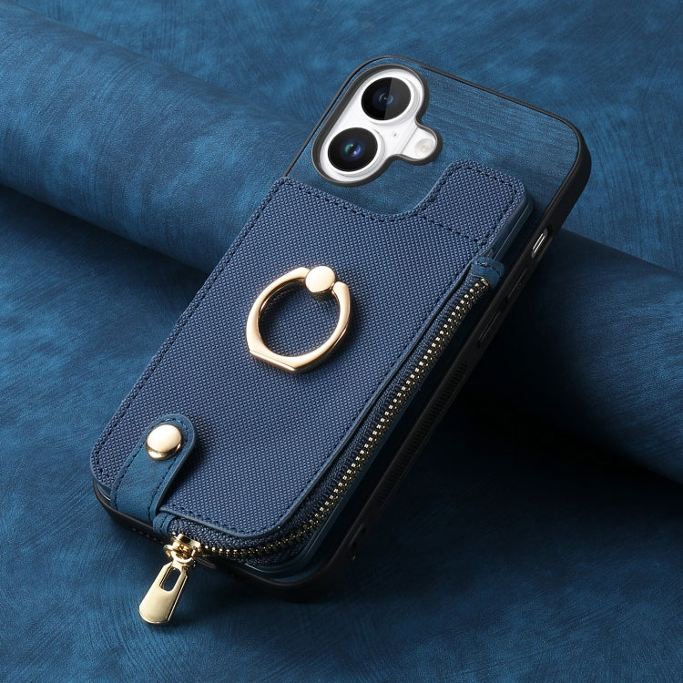 For iPhone 16 Plus Cross Leather Ring Vertical Zipper Wallet Back Phone Case(Blue) - iPhone 16 Plus Cases by buy2fix | Online Shopping UK | buy2fix