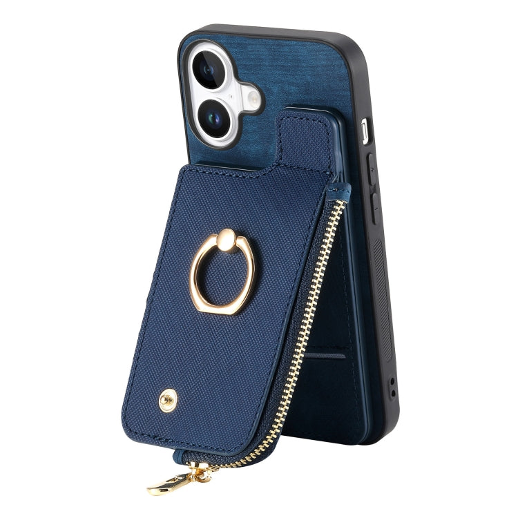 For iPhone 16 Plus Cross Leather Ring Vertical Zipper Wallet Back Phone Case(Blue) - iPhone 16 Plus Cases by buy2fix | Online Shopping UK | buy2fix
