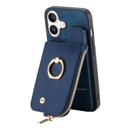 For iPhone 16 Plus Cross Leather Ring Vertical Zipper Wallet Back Phone Case(Blue) - iPhone 16 Plus Cases by buy2fix | Online Shopping UK | buy2fix