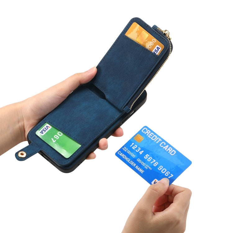 For iPhone 16 Plus Cross Leather Ring Vertical Zipper Wallet Back Phone Case(Blue) - iPhone 16 Plus Cases by buy2fix | Online Shopping UK | buy2fix