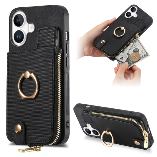 For iPhone 16 Plus Cross Leather Ring Vertical Zipper Wallet Back Phone Case(Black) - iPhone 16 Plus Cases by buy2fix | Online Shopping UK | buy2fix