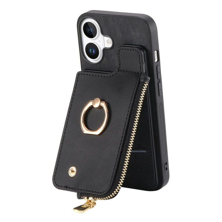 For iPhone 16 Plus Cross Leather Ring Vertical Zipper Wallet Back Phone Case(Black) - iPhone 16 Plus Cases by buy2fix | Online Shopping UK | buy2fix