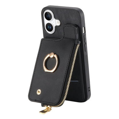For iPhone 16 Plus Cross Leather Ring Vertical Zipper Wallet Back Phone Case(Black) - iPhone 16 Plus Cases by buy2fix | Online Shopping UK | buy2fix
