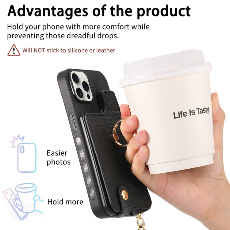 For iPhone 16 Plus Cross Leather Ring Vertical Zipper Wallet Back Phone Case(Black) - iPhone 16 Plus Cases by buy2fix | Online Shopping UK | buy2fix