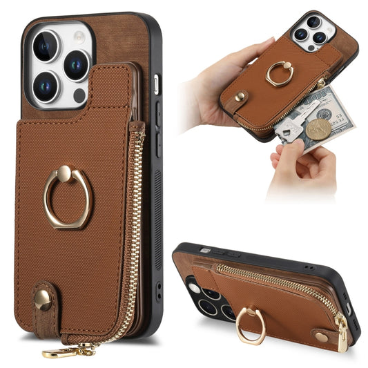 For iPhone 16 Pro Cross Leather Ring Vertical Zipper Wallet Back Phone Case(Brown) - More iPhone Cases by buy2fix | Online Shopping UK | buy2fix
