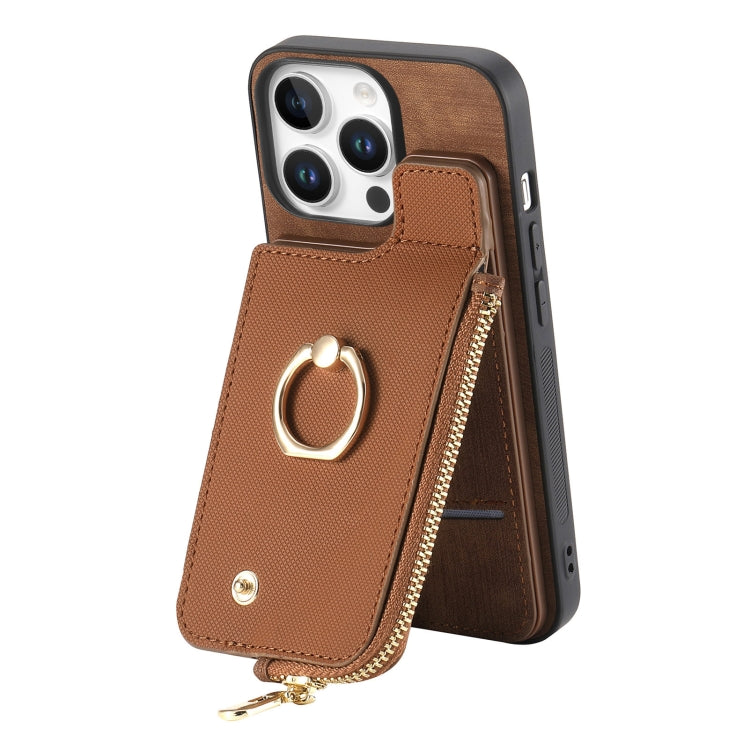 For iPhone 16 Pro Cross Leather Ring Vertical Zipper Wallet Back Phone Case(Brown) - More iPhone Cases by buy2fix | Online Shopping UK | buy2fix