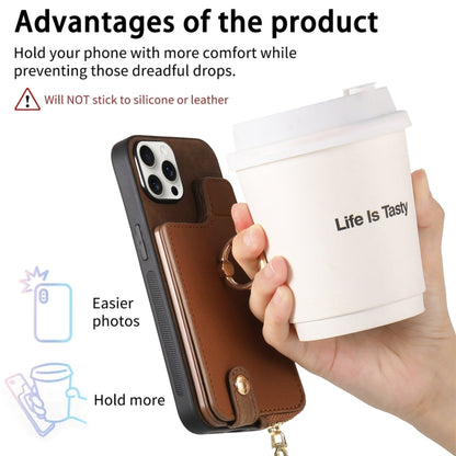 For iPhone 16 Pro Cross Leather Ring Vertical Zipper Wallet Back Phone Case(Brown) - More iPhone Cases by buy2fix | Online Shopping UK | buy2fix