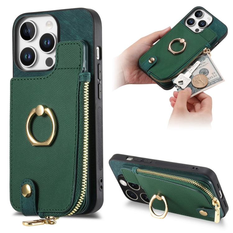 For iPhone 16 Pro Cross Leather Ring Vertical Zipper Wallet Back Phone Case(Green) - More iPhone Cases by buy2fix | Online Shopping UK | buy2fix
