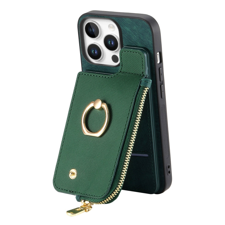 For iPhone 16 Pro Cross Leather Ring Vertical Zipper Wallet Back Phone Case(Green) - More iPhone Cases by buy2fix | Online Shopping UK | buy2fix