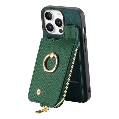 For iPhone 16 Pro Cross Leather Ring Vertical Zipper Wallet Back Phone Case(Green) - More iPhone Cases by buy2fix | Online Shopping UK | buy2fix