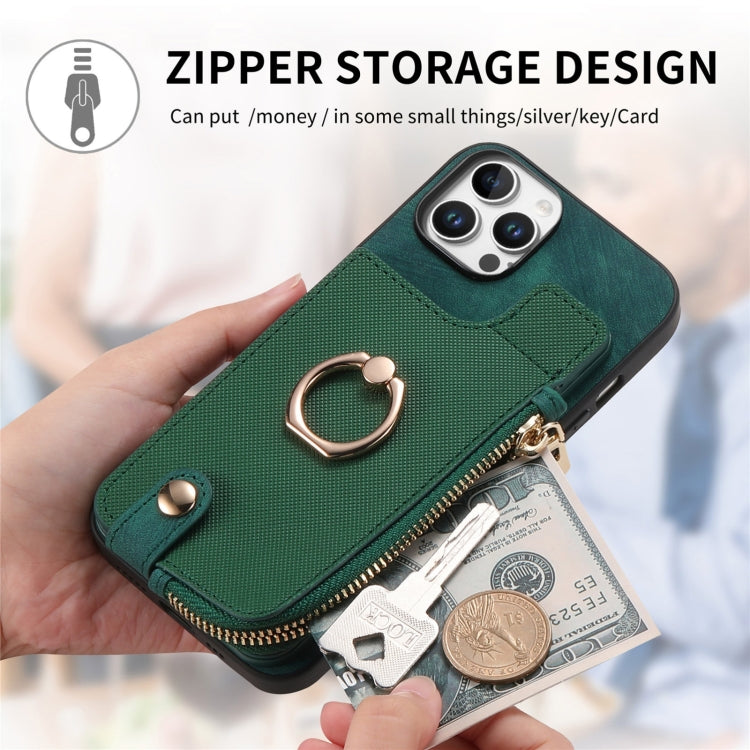 For iPhone 16 Pro Cross Leather Ring Vertical Zipper Wallet Back Phone Case(Green) - More iPhone Cases by buy2fix | Online Shopping UK | buy2fix