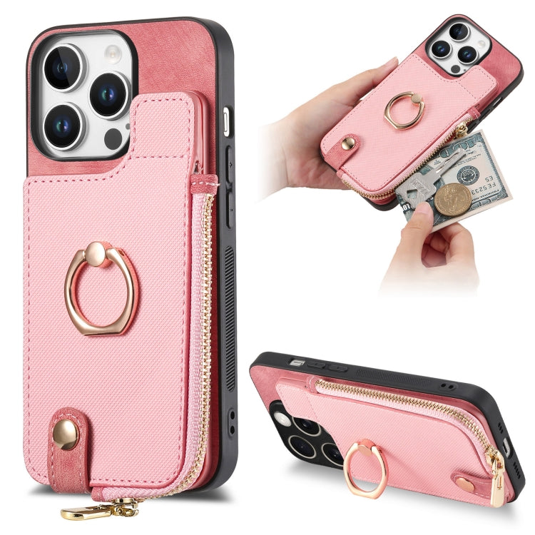 For iPhone 16 Pro Cross Leather Ring Vertical Zipper Wallet Back Phone Case(Pink) - More iPhone Cases by buy2fix | Online Shopping UK | buy2fix
