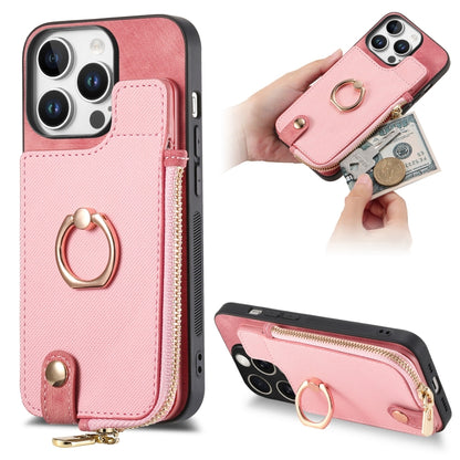 For iPhone 16 Pro Cross Leather Ring Vertical Zipper Wallet Back Phone Case(Pink) - More iPhone Cases by buy2fix | Online Shopping UK | buy2fix