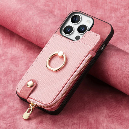 For iPhone 16 Pro Cross Leather Ring Vertical Zipper Wallet Back Phone Case(Pink) - More iPhone Cases by buy2fix | Online Shopping UK | buy2fix