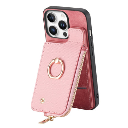 For iPhone 16 Pro Cross Leather Ring Vertical Zipper Wallet Back Phone Case(Pink) - More iPhone Cases by buy2fix | Online Shopping UK | buy2fix