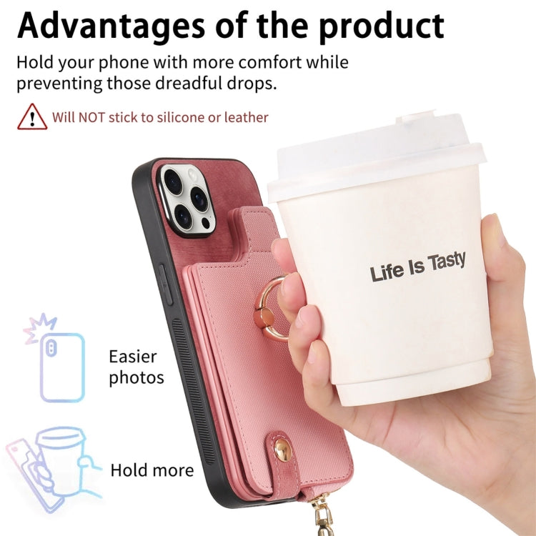 For iPhone 16 Pro Cross Leather Ring Vertical Zipper Wallet Back Phone Case(Pink) - More iPhone Cases by buy2fix | Online Shopping UK | buy2fix