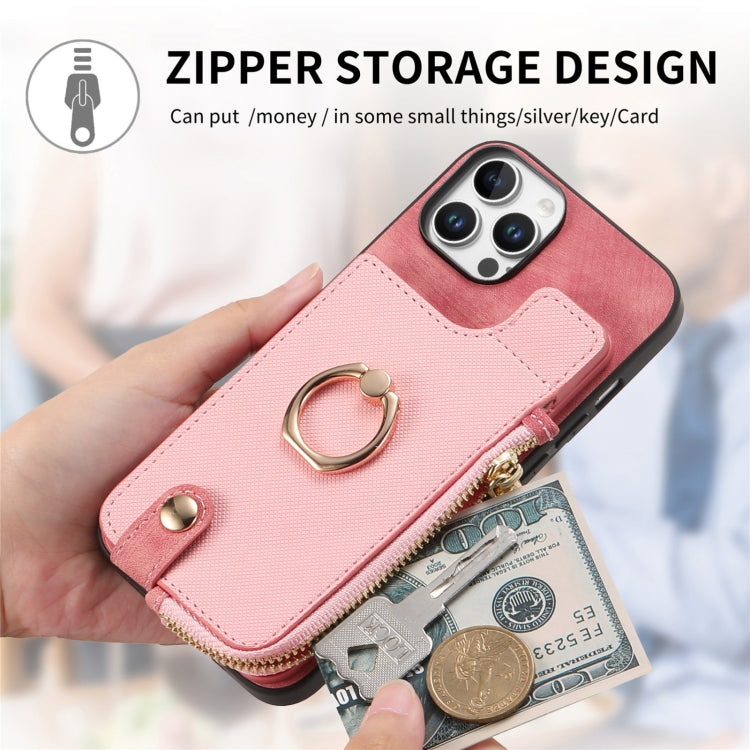 For iPhone 16 Pro Cross Leather Ring Vertical Zipper Wallet Back Phone Case(Pink) - More iPhone Cases by buy2fix | Online Shopping UK | buy2fix