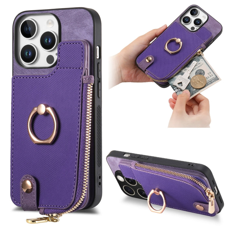For iPhone 16 Pro Cross Leather Ring Vertical Zipper Wallet Back Phone Case(Purple) - More iPhone Cases by buy2fix | Online Shopping UK | buy2fix