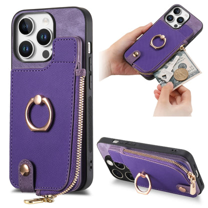 For iPhone 16 Pro Cross Leather Ring Vertical Zipper Wallet Back Phone Case(Purple) - More iPhone Cases by buy2fix | Online Shopping UK | buy2fix