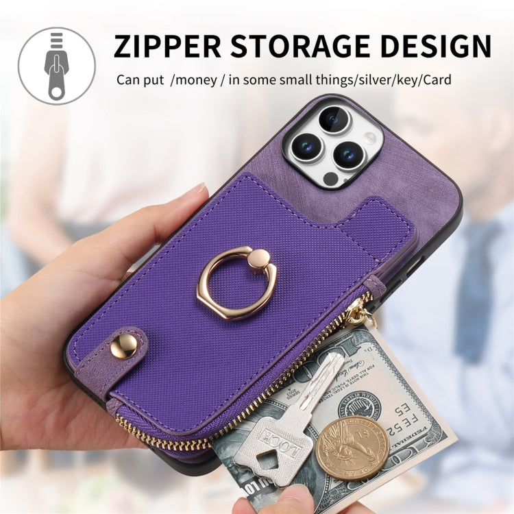 For iPhone 16 Pro Cross Leather Ring Vertical Zipper Wallet Back Phone Case(Purple) - More iPhone Cases by buy2fix | Online Shopping UK | buy2fix