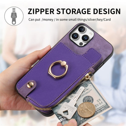For iPhone 16 Pro Cross Leather Ring Vertical Zipper Wallet Back Phone Case(Purple) - More iPhone Cases by buy2fix | Online Shopping UK | buy2fix