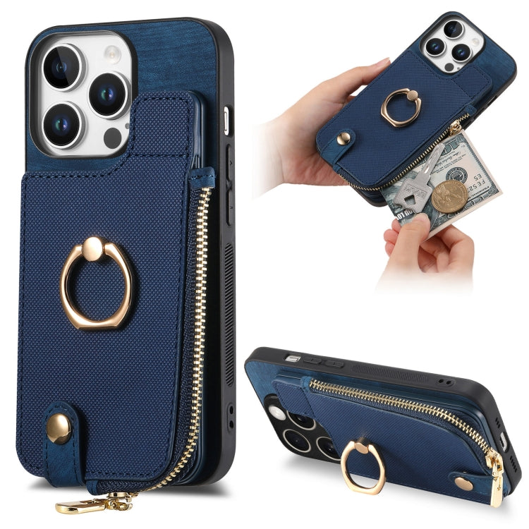 For iPhone 16 Pro Cross Leather Ring Vertical Zipper Wallet Back Phone Case(Blue) - More iPhone Cases by buy2fix | Online Shopping UK | buy2fix