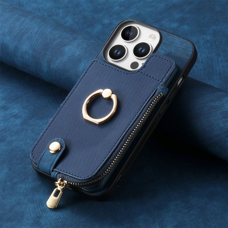 For iPhone 16 Pro Cross Leather Ring Vertical Zipper Wallet Back Phone Case(Blue) - More iPhone Cases by buy2fix | Online Shopping UK | buy2fix