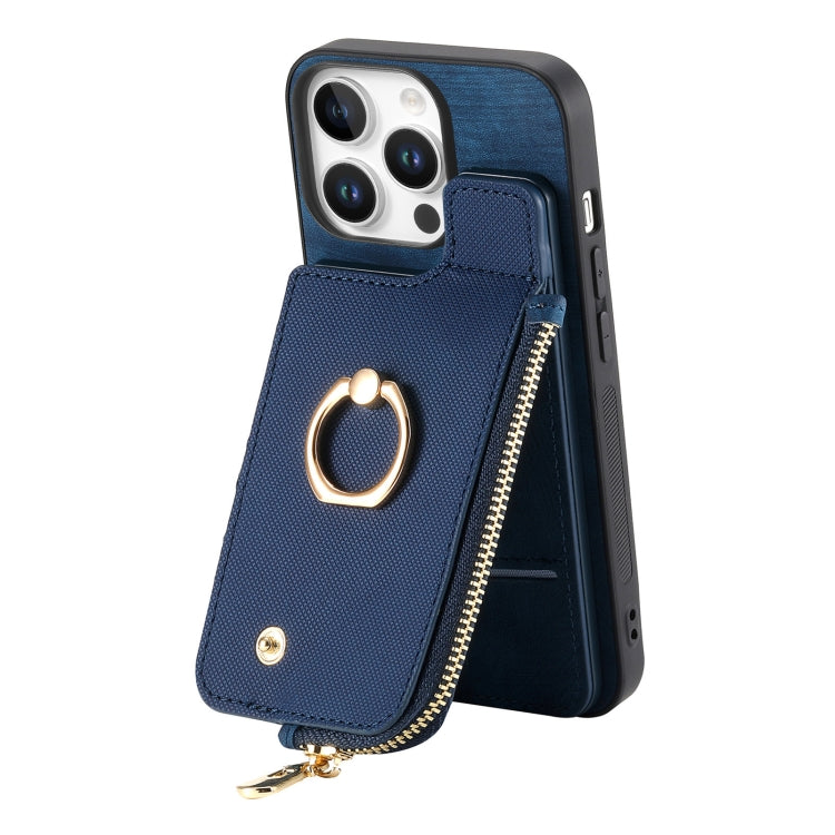 For iPhone 16 Pro Cross Leather Ring Vertical Zipper Wallet Back Phone Case(Blue) - More iPhone Cases by buy2fix | Online Shopping UK | buy2fix