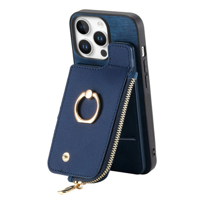 For iPhone 16 Pro Cross Leather Ring Vertical Zipper Wallet Back Phone Case(Blue) - More iPhone Cases by buy2fix | Online Shopping UK | buy2fix