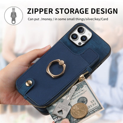 For iPhone 16 Pro Cross Leather Ring Vertical Zipper Wallet Back Phone Case(Blue) - More iPhone Cases by buy2fix | Online Shopping UK | buy2fix