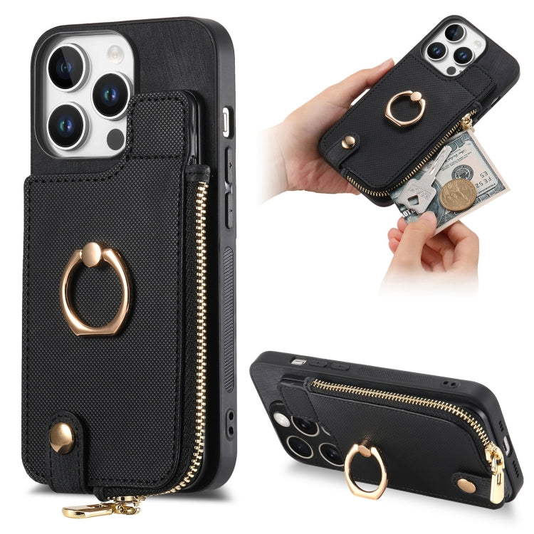 For iPhone 16 Pro Cross Leather Ring Vertical Zipper Wallet Back Phone Case(Black) - More iPhone Cases by buy2fix | Online Shopping UK | buy2fix